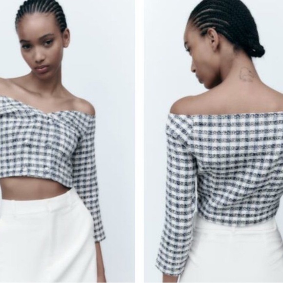 Zara NWT checkered Off-The-Shoulder Academia Cropped 3/4 Sleeve Jacket Medium - Picture 1 of 12